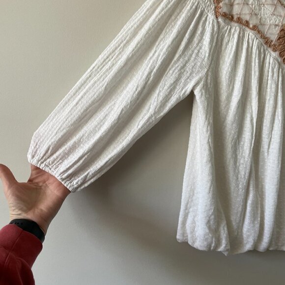 Free People Begonia Tee Embroidered Blouse Top White Brown Small - Picture 5 of 8